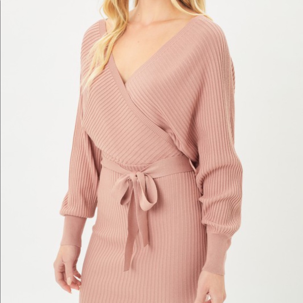 Off Shoulder Wrap Belted Ribbed Knit Dress Mauve